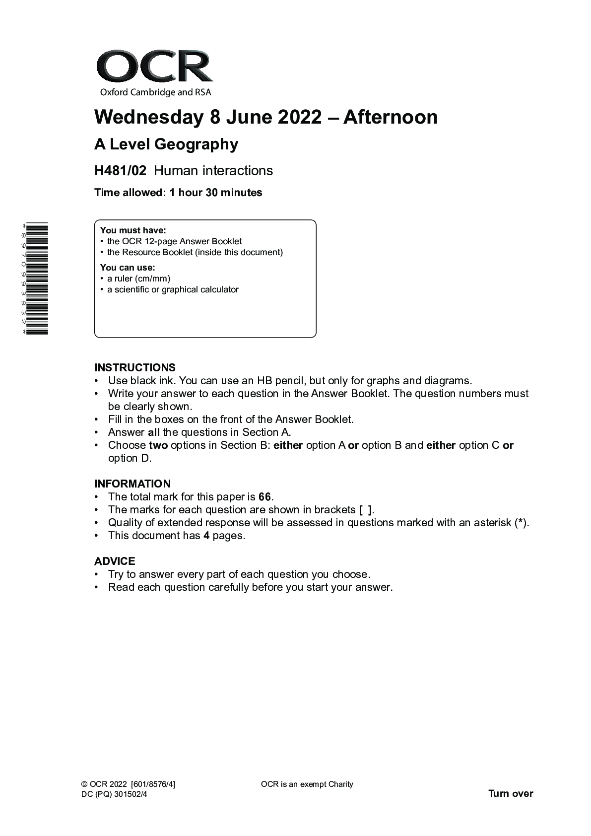 Preview image of OCR A LEVEL JUNE 2022 GEOGRAPHY HUMAN INTERACTIONS - QUESTION PAPER document